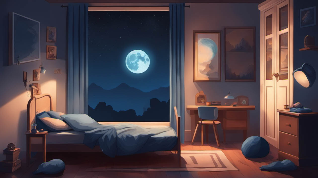 A beautiful kid's bedroom at night with the moon visible through the window.