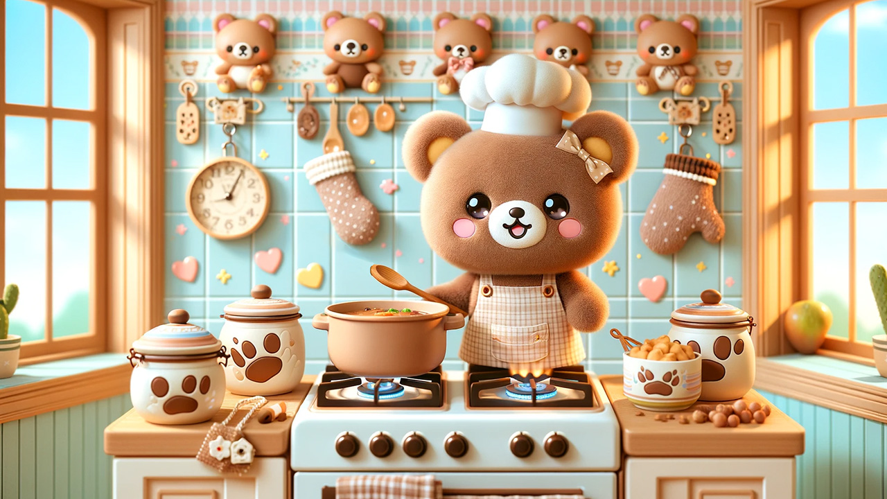 A cute kawaii bear cooking in a bear themed kitchen.