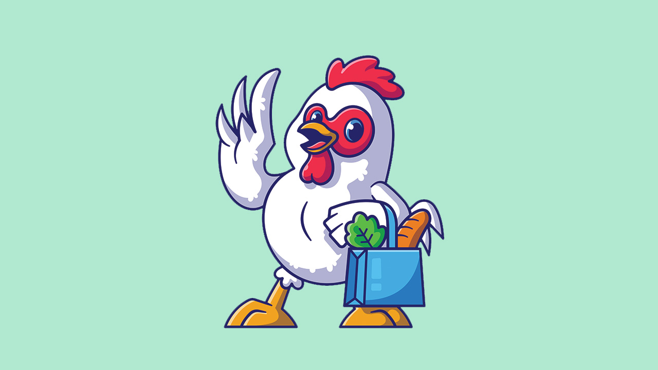 A cute chicken toon with a bag full of groceries.