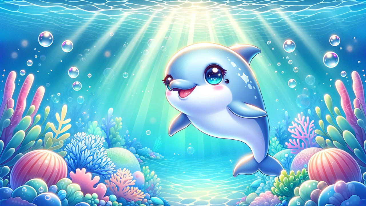 A cute kawaii dolphin being happy in the ocean.