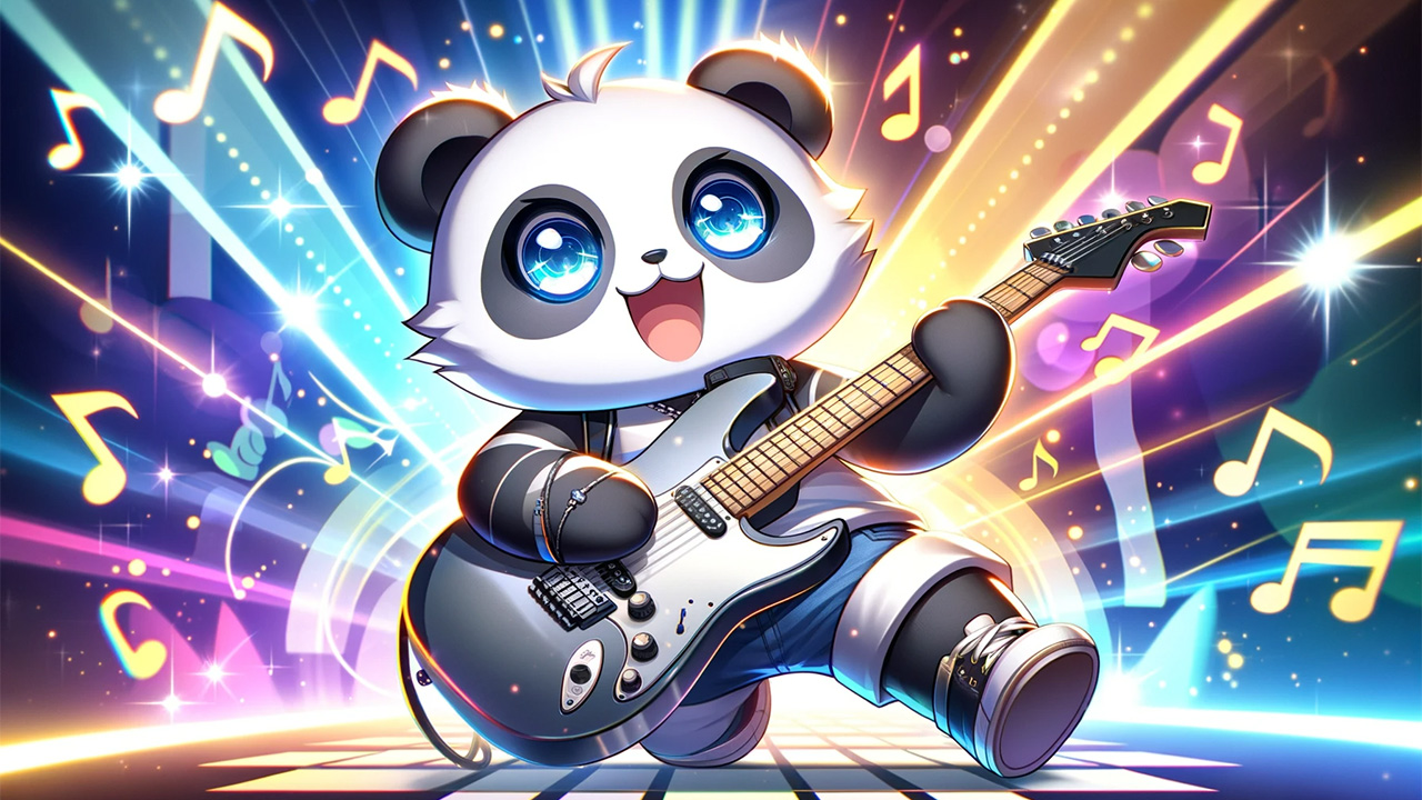 A cute panda playing the electric guitar