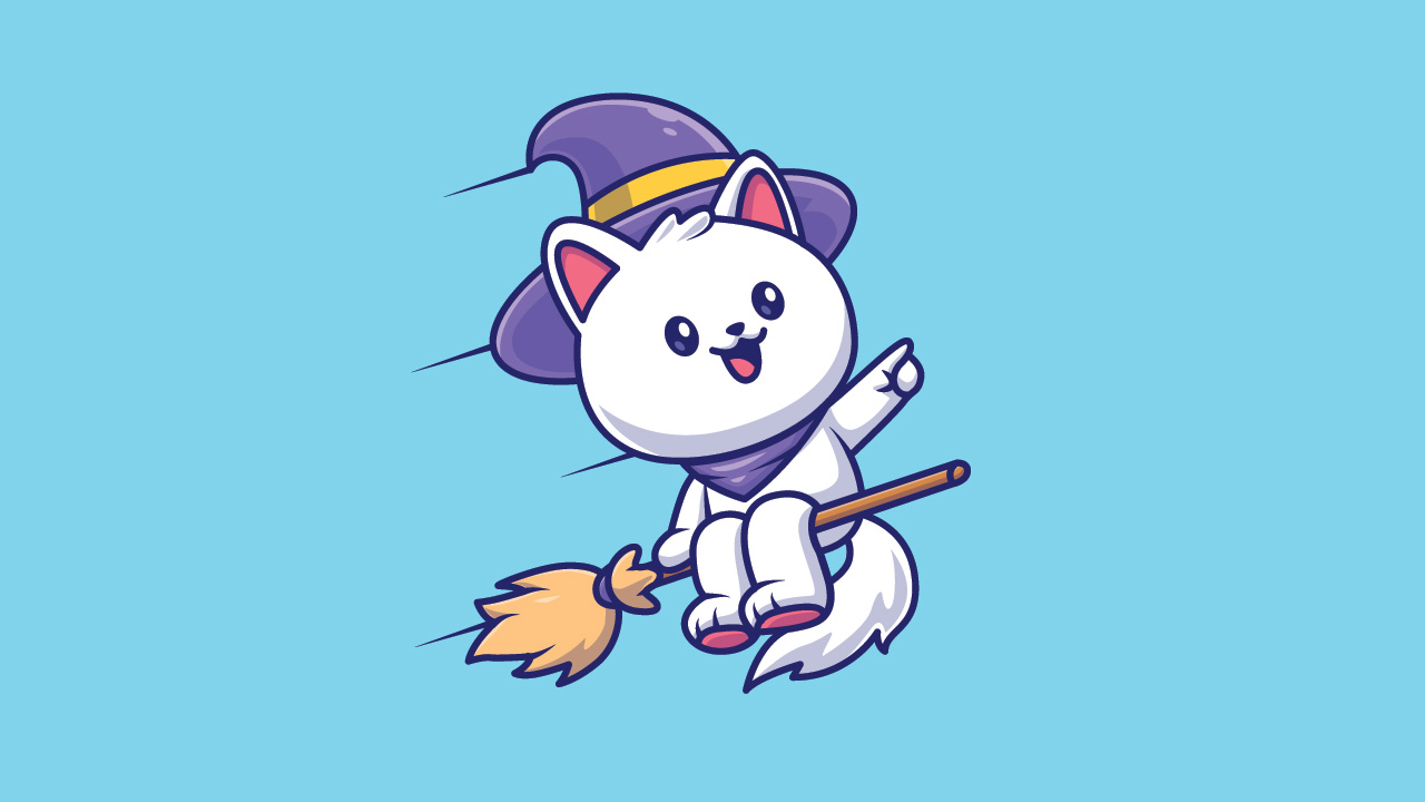 A mage cat is riding a flying broom, cartoon.