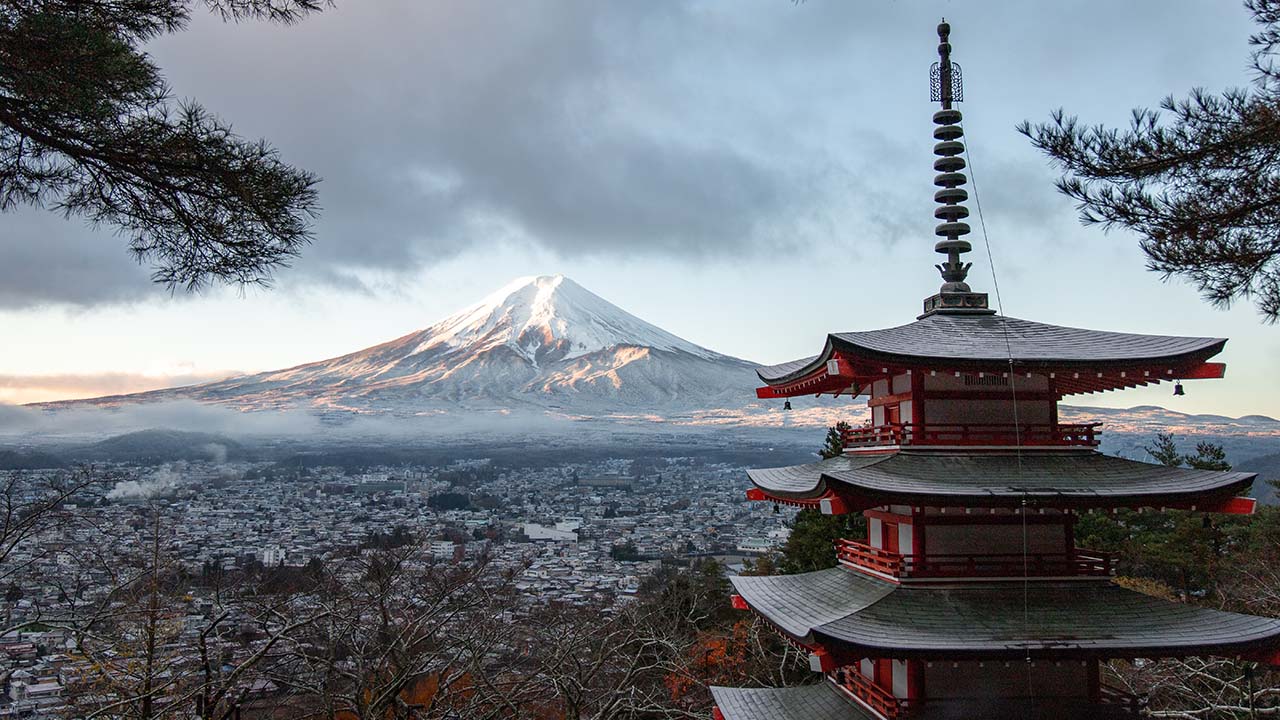 Red and Gray Pagoda Temple in Shizuoka, Japan