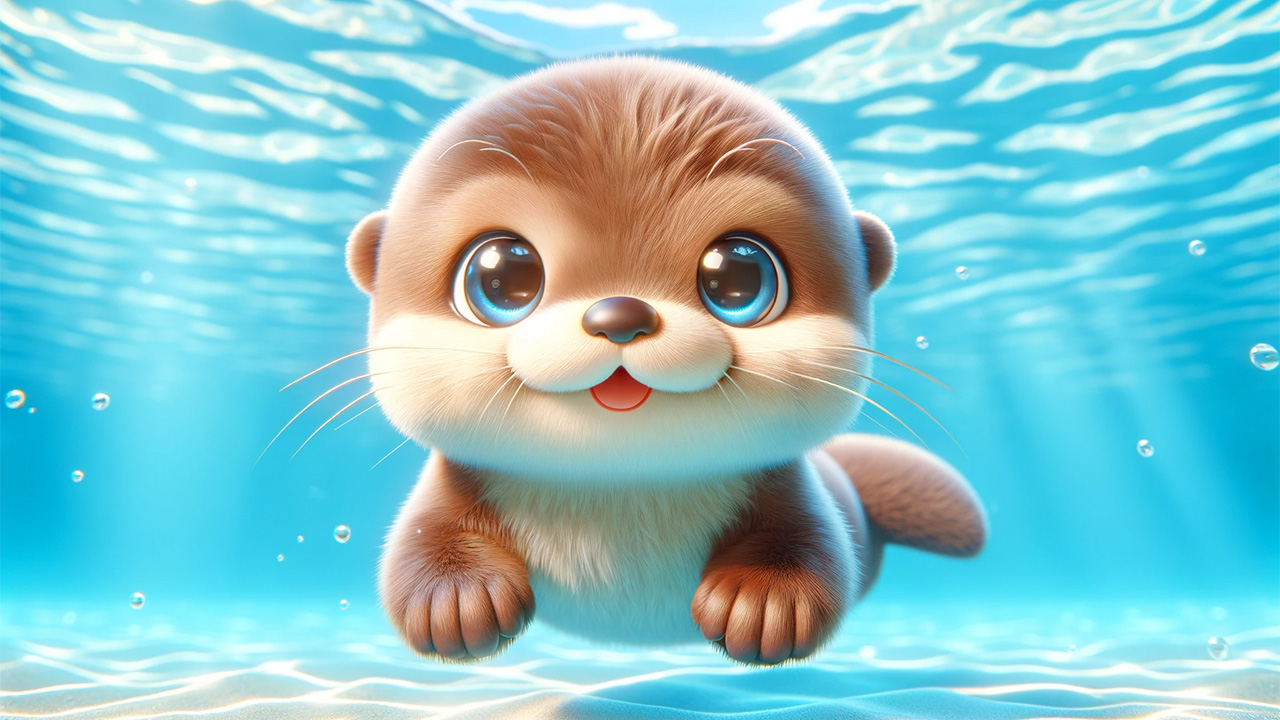 A cute kawaii otter swimming around and looking at the camera.