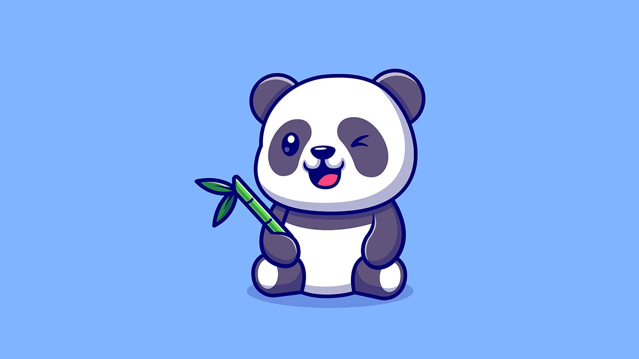 A lovely panda toon eating a piece of bamboo.
