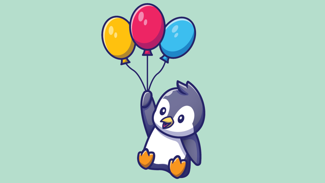 A cute penguin cartoon character flying with 3 colorful balloons