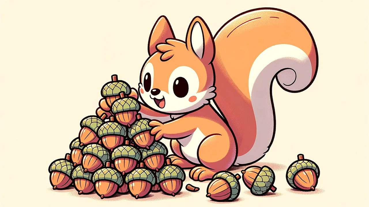 A cute squirrel cartoon playing with some acorns.