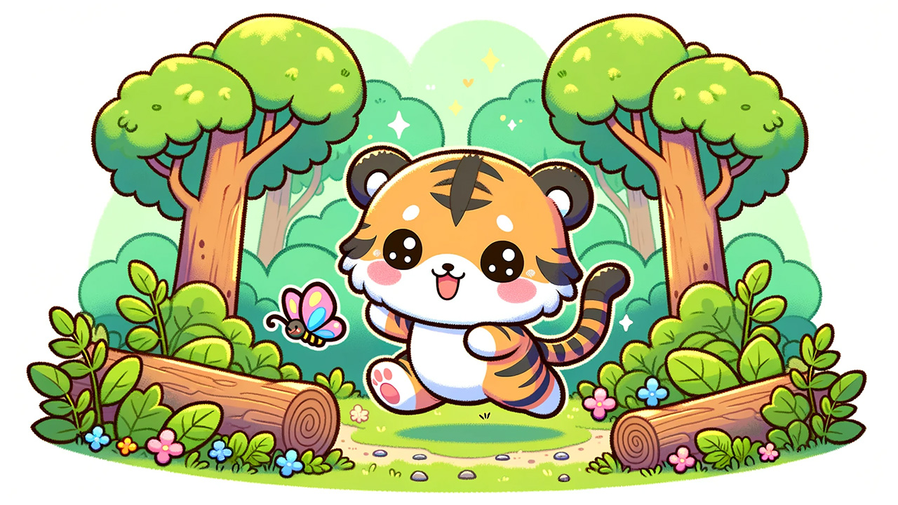 A cute kawaii tiger toon playing in its habitat.