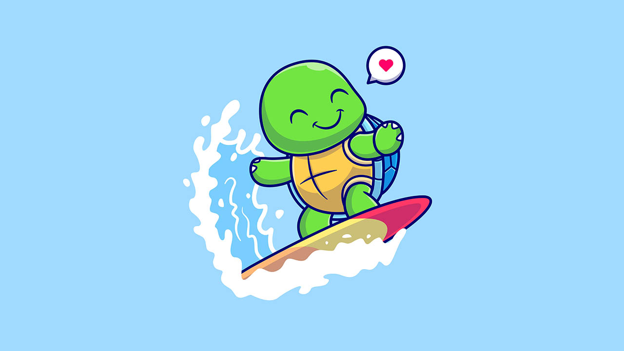 A cute turtle surfing