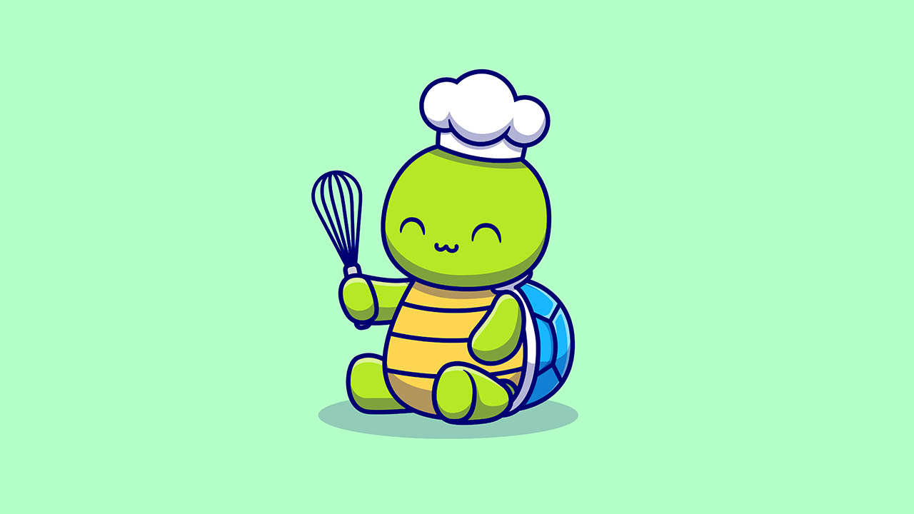 A cute turtle with cooking utensils