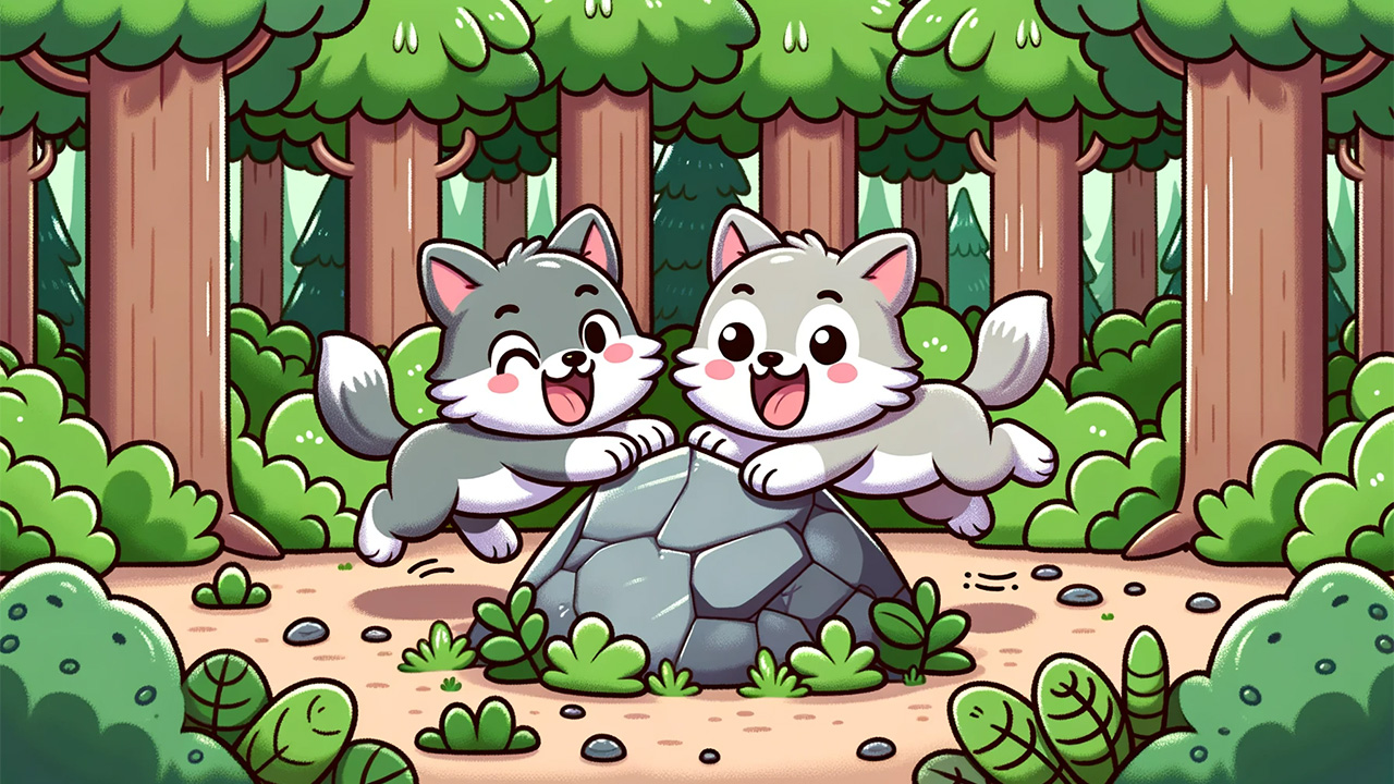 Two kawaii wolves playing in the forest.