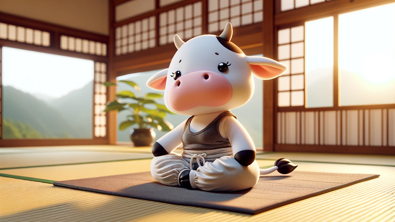 A cute kawaii cow yogi on a dojo.