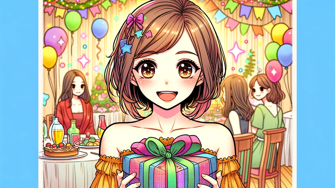 A cute kawaii woman receiving a gift.