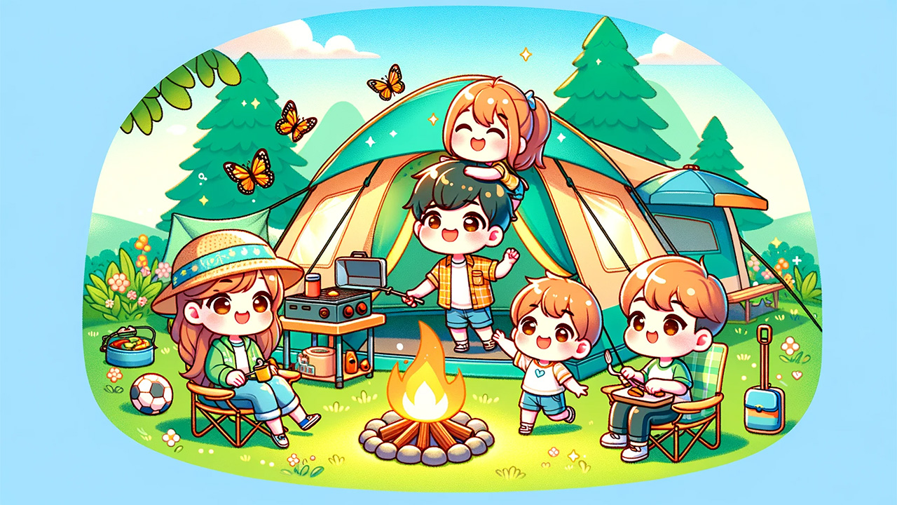 A cute kawaii family on a camping.