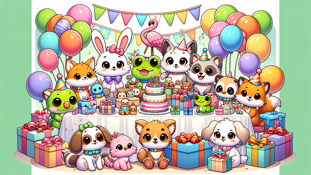 A party with lots of cute cartoon kawaii animals