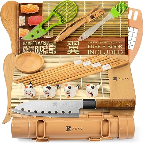 Bamboo Sushi Making Kit with 2 Sushi Rolling Mats, 5 Pairs of Reusable  Bamboo Chopsticks, 1 Rice Paddle and 1 Spreader - Beginner Sushi Kit